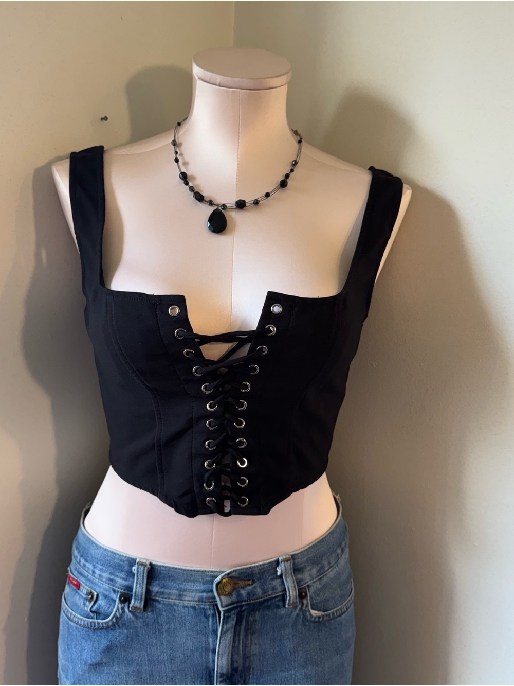 Windsor Black Lace-Up Corset-Style Crop Top